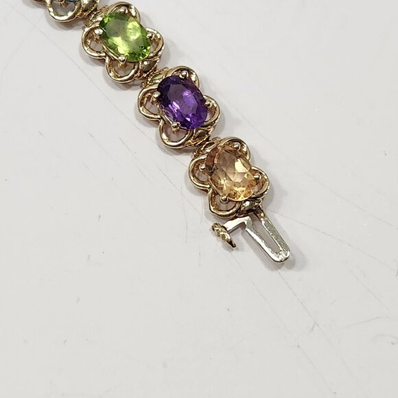 14K Solid Yellow Gold Multicolored Stone Flower Design Bracelet 7" - Picture 5 of 9